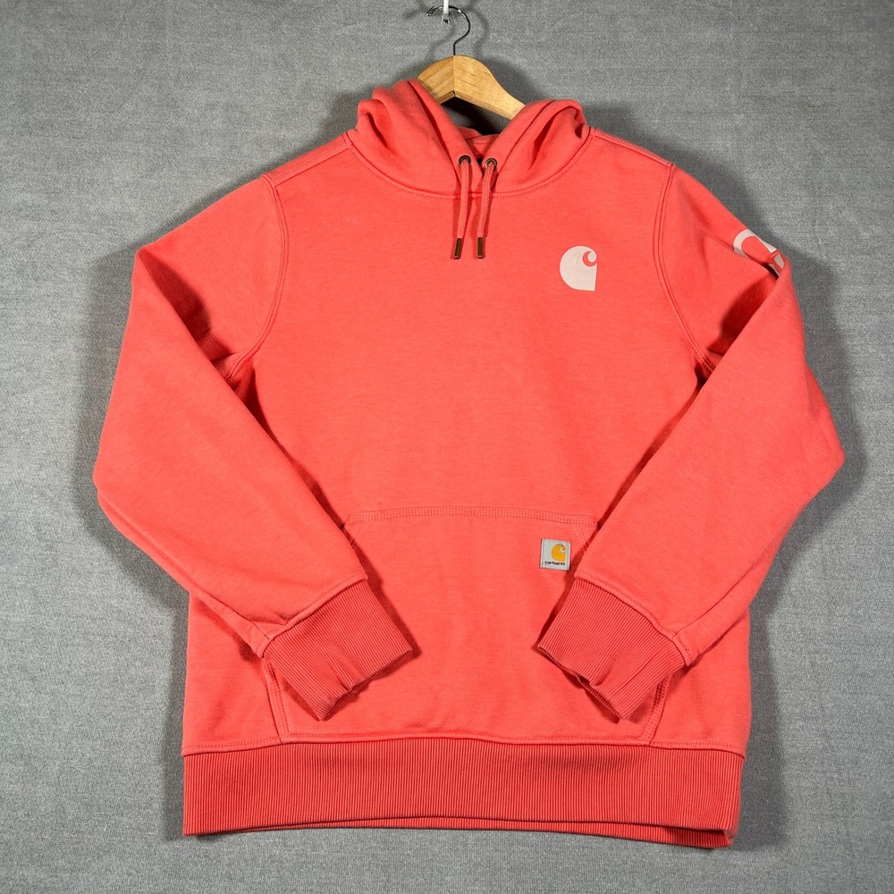 Carhartt TS0288-W Relaxed Fit Logo Sleeve Hoodie Womens Size M Coral Pink